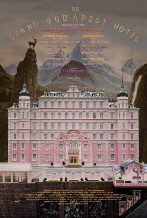 O cartaz do grande hotel do grande elenco do Wes Anderson